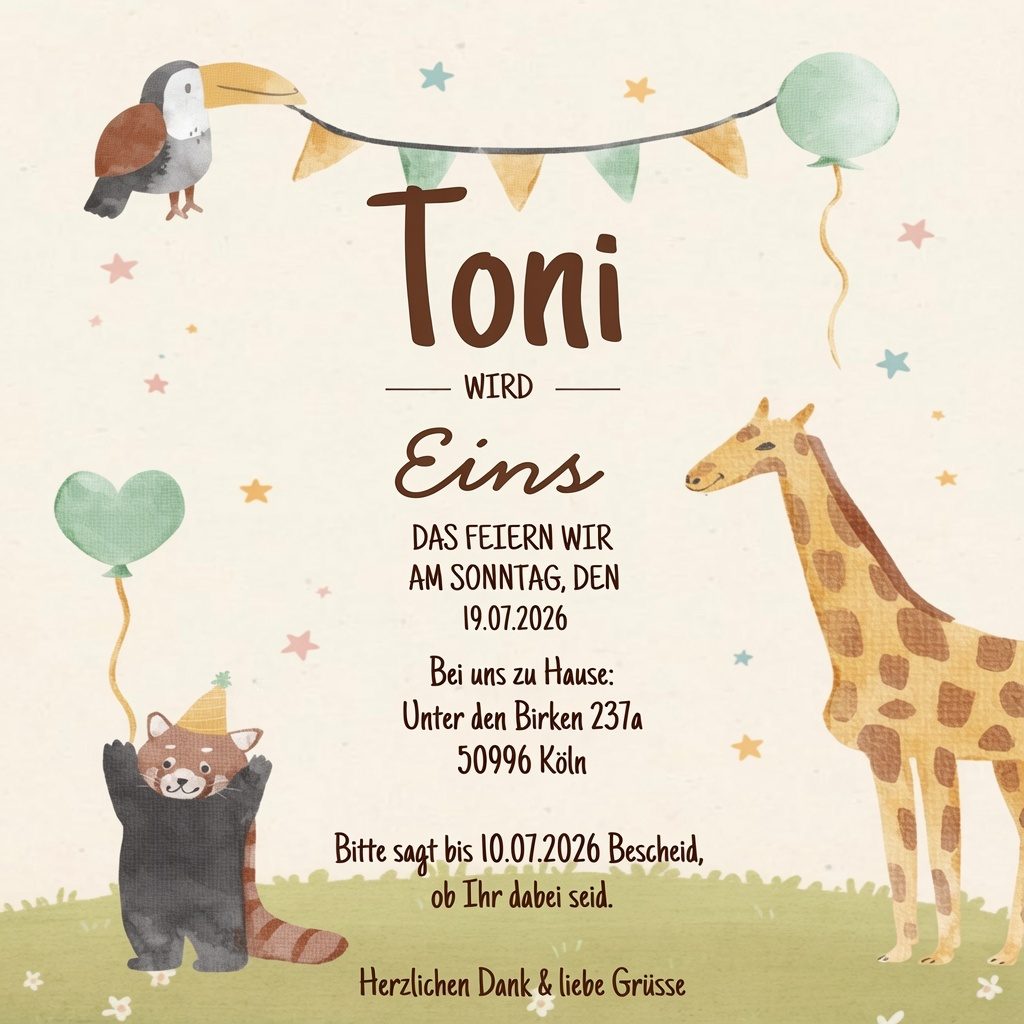 Einladungskarte: Toni wird Eins – Aquarell-Tiere mit Luftballons, Sonntag 19.07.2026, Unter den Birken 237a, 50996 Köln